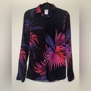 ZARA Mens  Slim Fit Long Sleeve Black Colorful Leaves Button Up Shirt Sz S✨